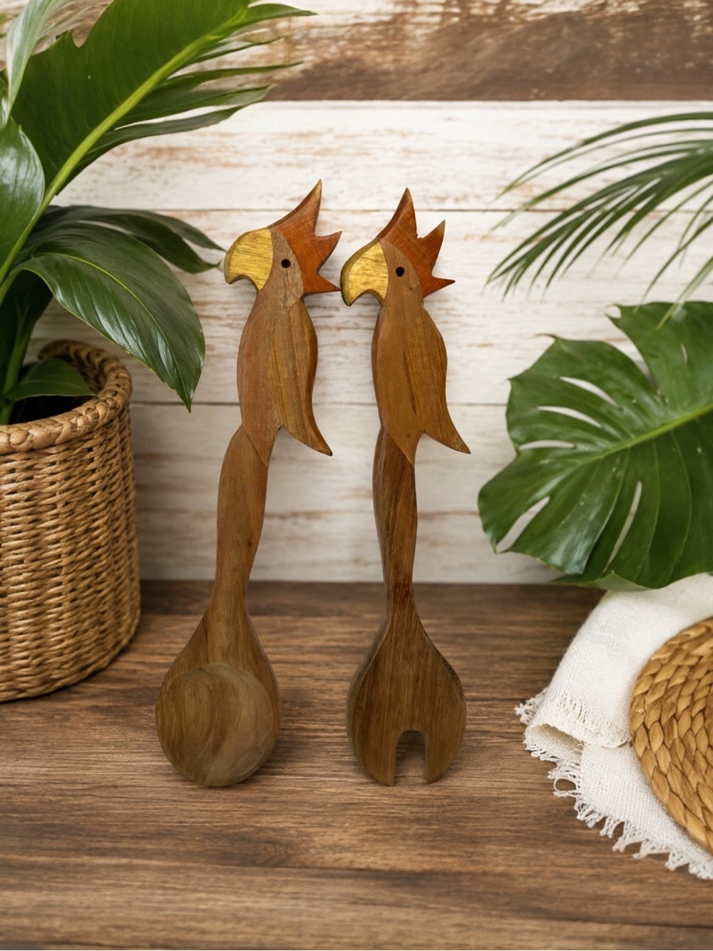 Vtg Hand Carved Wooden Parrot Salad Servers Tongs Utensils Tropical Bird 10.5"